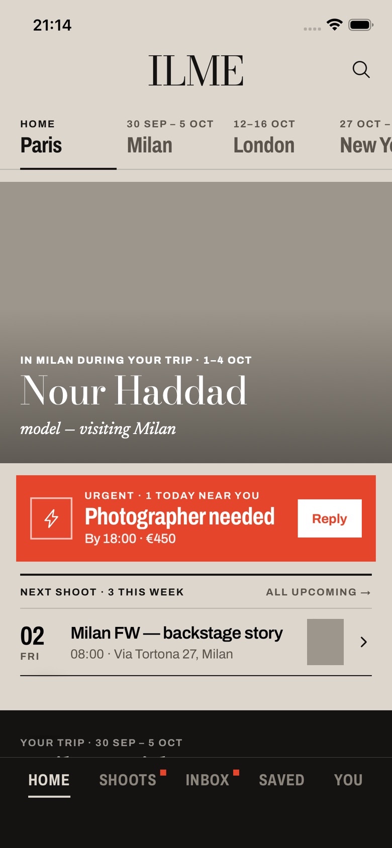 ILME's Discover screen: your home city Paris and trips to Milan, London and New York, a model in Milan during your trip, an urgent call for a photographer and your next shoot